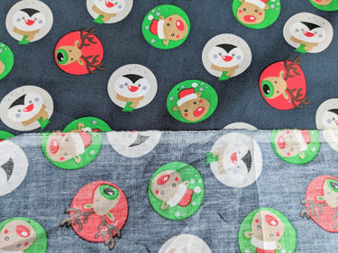 Blue Reindeers Penguins Cotton Poplin Fabric Christmas Fabric, Festive Fabric, Holiday Fabric